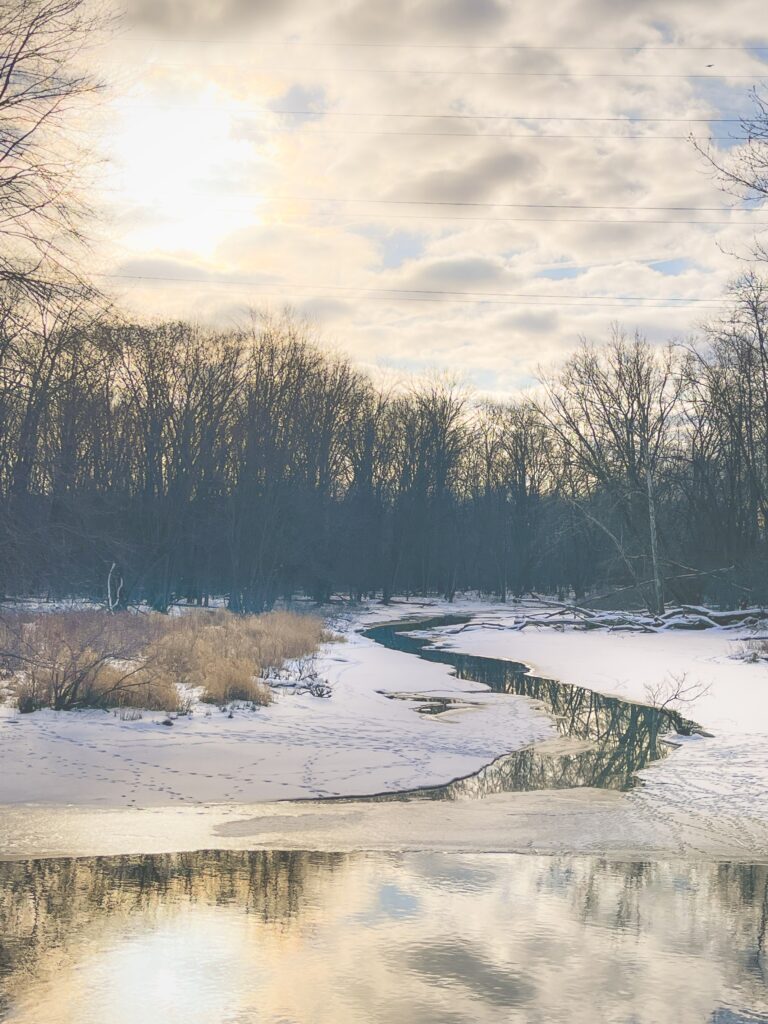 photo of a river in winter with the sun rising over the trees in the background