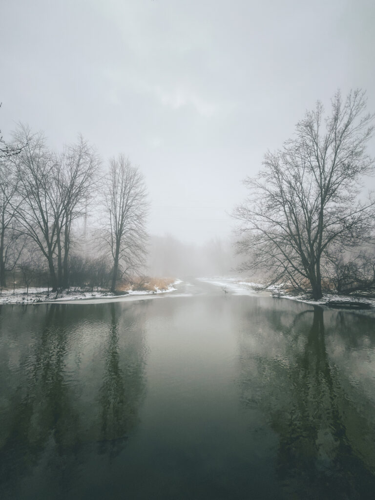 photo of a wide view of the mouth of a stream emptying into a larger river in winter fog