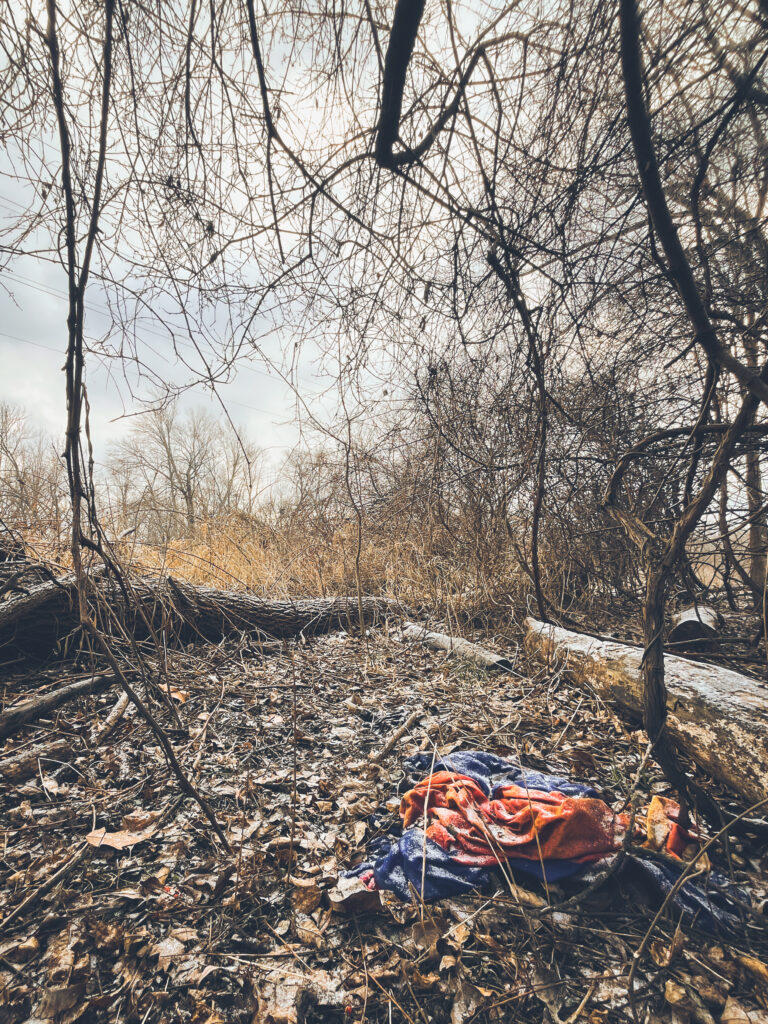 photo of a red and blue piece of fabric crumpled on the forest floor